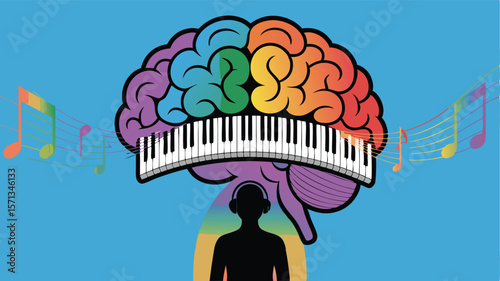 Colorful Brain with Piano Keys, Music Notes, and Silhouette of a Person Listening