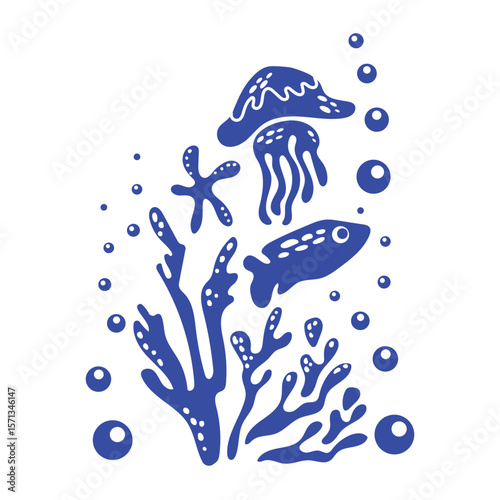 Underwater world. Blue silhouettes of sea inhabitants and algae with bubbles under water in simple style. Monochrome picture stamp with sea fish and jellyfish. Vector for stickers, textiles, postcards