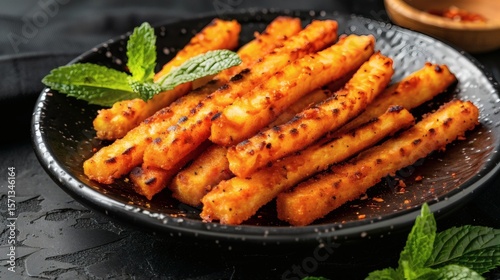 Spicy strips and side dishes on a plate
