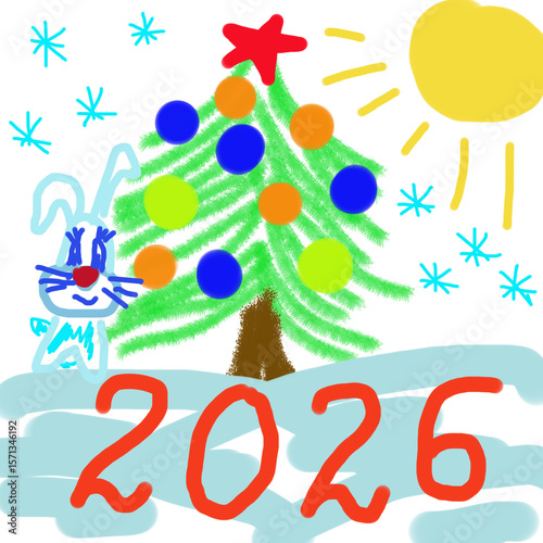 Christmas tree with colorful ornaments and rabbit in winter scene  