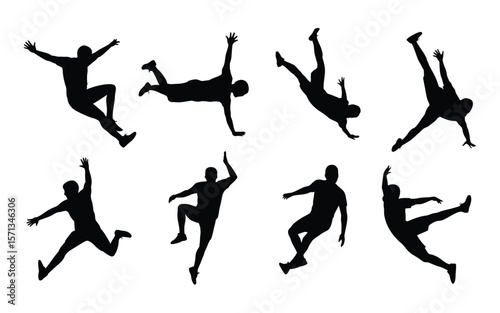 A set of black silhouettes of people performing various dynamic athletic movement