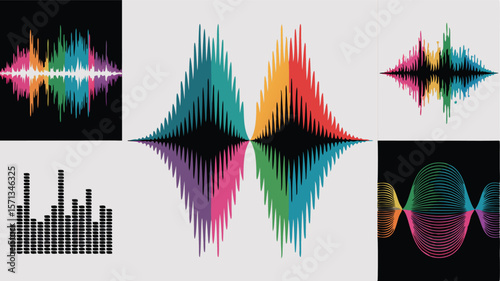 Colorful Audio Waveforms Representation of Sound, Music and Frequency on Black and Beige Backgrounds