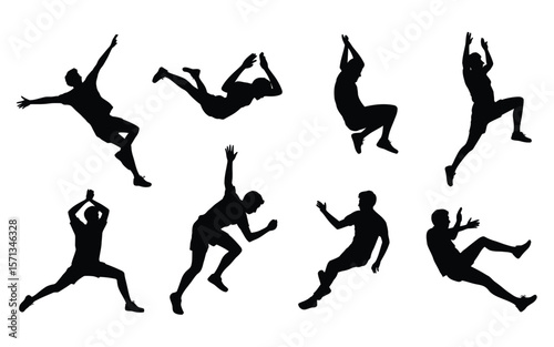 A set of black silhouettes of people performing various dynamic athletic movement