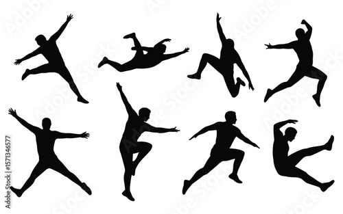 A set of black silhouettes of people performing various dynamic athletic movement
