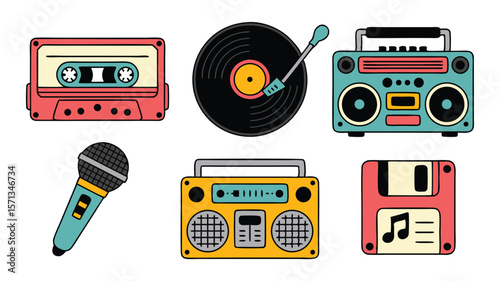 Cartoon Vintage Music Equipment Cassette Tape, Vinyl Record, Boomboxes, Microphone, and Floppy Disk