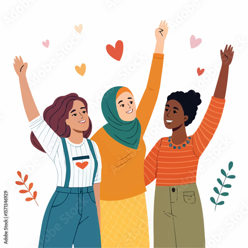 Three Diverse Women Raising Hands Together 