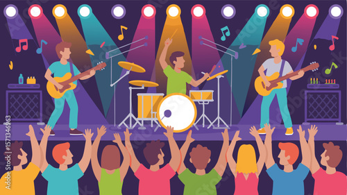 Cartoon Rock Band Performance with Drummer, Guitarists, and Cheering Crowd Under Stage Lights