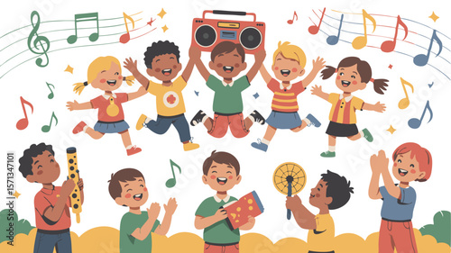 Cartoon Kids Playing Musical Instruments, Dancing and Holding a Boombox with Musical Notes in the Air