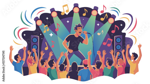 Cartoon Illustration of Singer Performing Live on Stage with Cheering Crowd and Music Notes