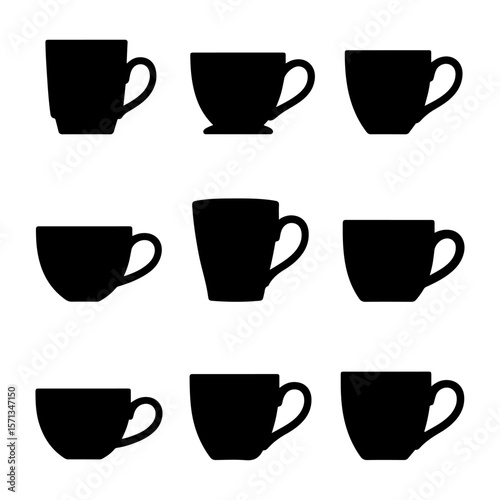 Set of cups silhouette. Hand drawn silhouette of mugs different design on isolated