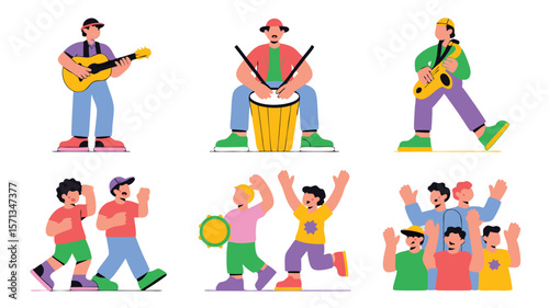 Cartoon Figures Depicting Musicians, Dancers, and Spectators in Vibrant Colors and Flat Design