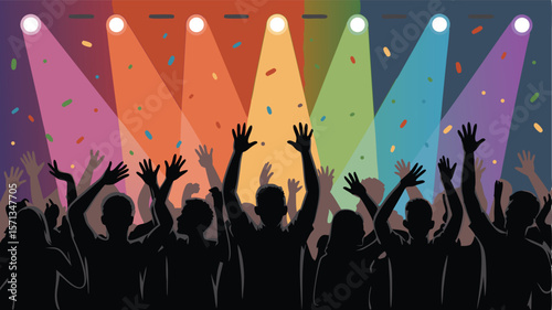 Animated Crowd Silhouette at Concert Under Colorful Lights with Confetti Background Illustration