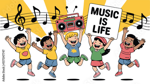 Animated Children Jumping with Boombox, Music is Life Sign, and Music Notes Illustration