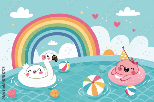 Vector cartoon pool scene; giant inflatable flamingo, watermelon slice, sun, palm trees, beach ball.