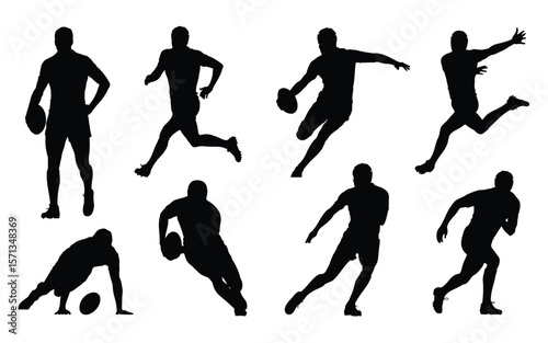 A set of black silhouettes of rugby players in various dynamic poses against a white background