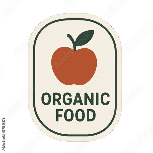 The organic food logo prominently displays a red apple, symbolizing healthy, natural food options. Modern flat vector sticker label with icon and badge style, transparent background