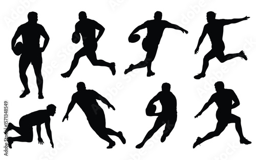 A set of black silhouettes of rugby players in various dynamic poses against a white background