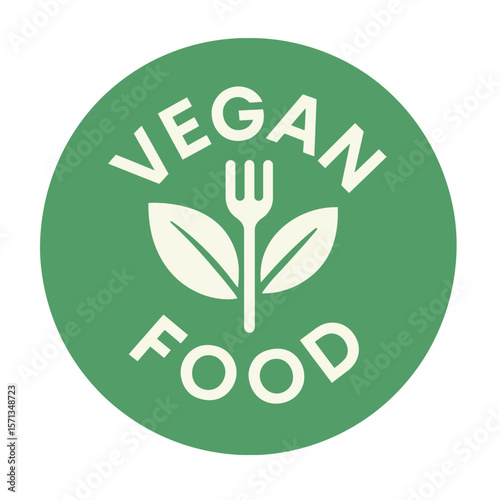 The vegan food logo showcases a fork, leaves, and the words 'vegan food' in a green circle. Modern flat vector sticker label with icon and badge style, transparent background