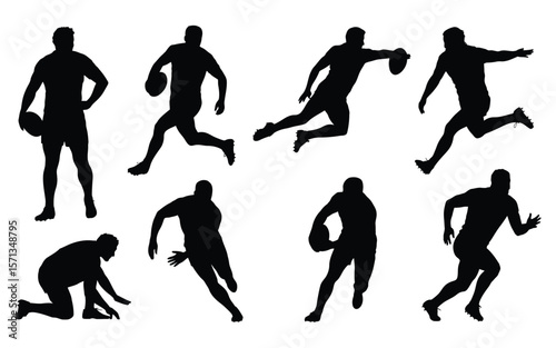 A set of black silhouettes of rugby players in various dynamic poses against a white background