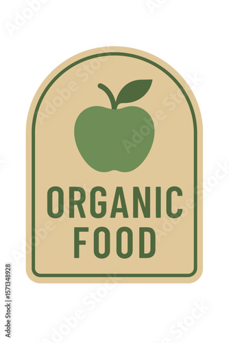 The image shows an organic food label with a green apple inside of it.  Modern flat vector sticker label with icon and badge style, transparent background