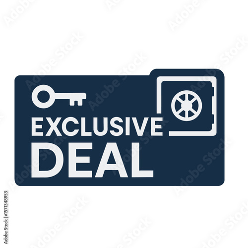 The image presents an exclusive deal concept, highlighted by a key and a secure safe symbol. Modern flat vector sticker label with icon and badge style, transparent background