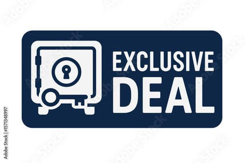 The image features an 'Exclusive Deal' emblem with a safe and key, representing a secure special offer. Modern flat vector sticker label with icon and badge style, transparent background