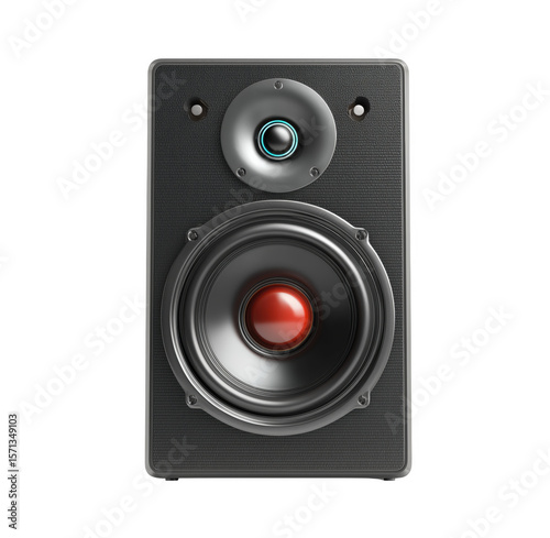 A detailed studio speaker depicted on a black background representing audio quality photo