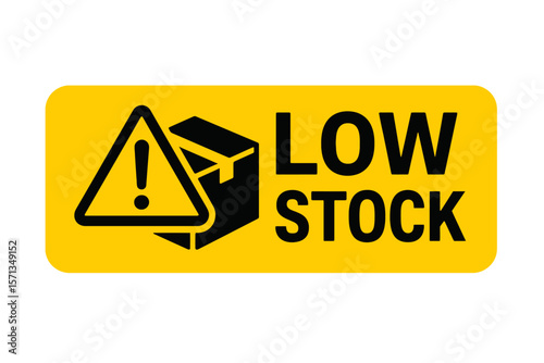 Low stock warning sign, alerting about limited or out-of-stock items. Modern flat vector sticker label with icon and badge style, transparent background