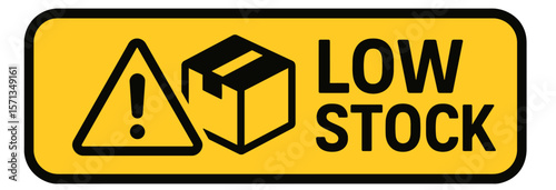 This yellow low stock sign with a box graphic alerts of a product shortage. Modern flat vector sticker label with icon and badge style, transparent background