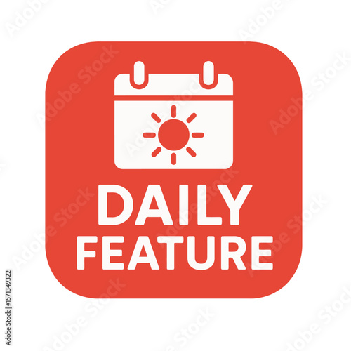 This eye-catching graphic shows a daily feature icon with a sun inside a calendar. Modern flat vector sticker label with icon and badge style, transparent background