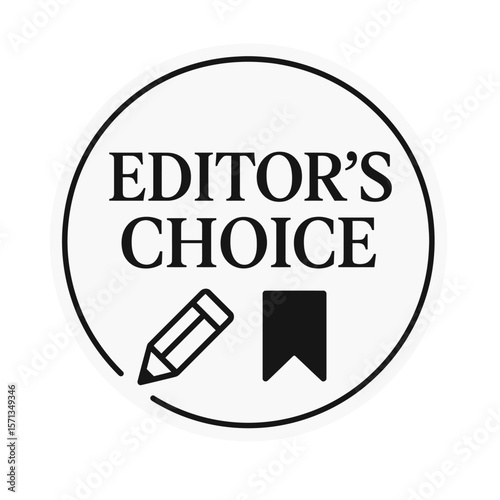 The editor's choice badge indicates a top-quality selection with a pencil and bookmark. Modern flat vector sticker label with icon and badge style, transparent background