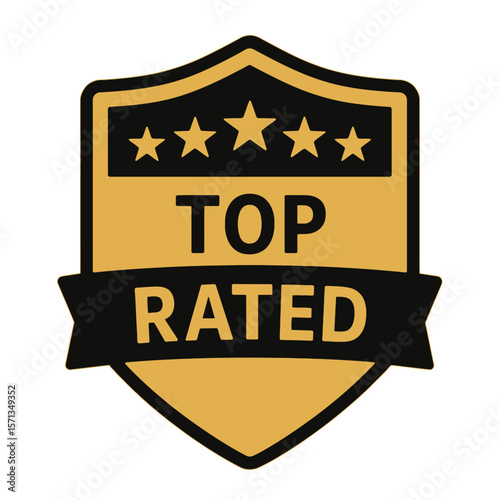 This graphic shows a top-rated badge with five stars and a bold design. Modern flat vector sticker label with icon and badge style, transparent background