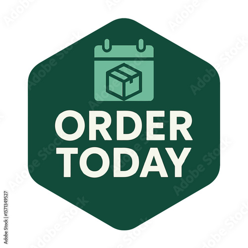 A green badge with a calendar and package icon that says 'order today'. Modern flat vector sticker label with icon and badge style, transparent background