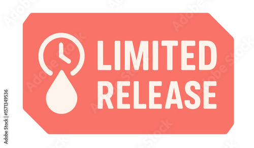 A limited release badge with a clock and water drop, on a red background. Modern flat vector sticker label with icon and badge style, transparent background