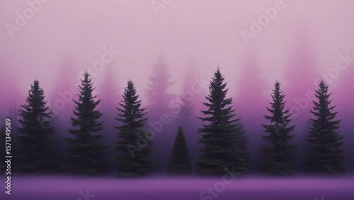 Rows of lush green trees are set against a backdrop of thick purple fog. The composition is symmetrical, with the trees evenly distributed throughout the frame. The fog creates a soft atmosphere.