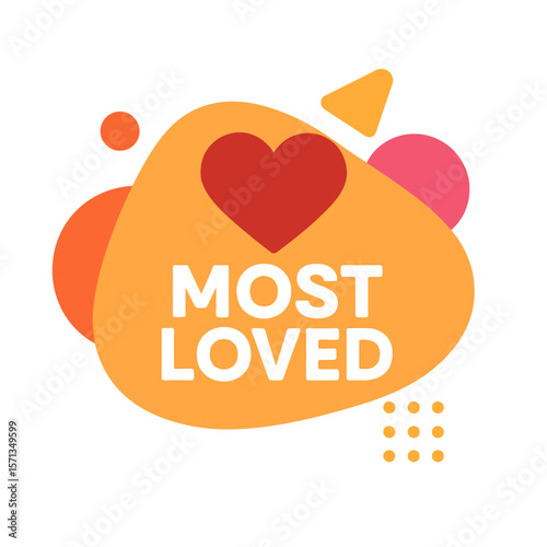 A vibrant Most Loved graphic with a heart, perfect for highlighting popularity and appreciation. Modern flat vector sticker label with icon and badge style, transparent background