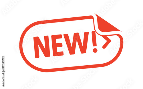 A striking red and white 'New!' sticker, ideal for highlighting new items. Modern flat vector sticker label with icon and badge style, transparent background