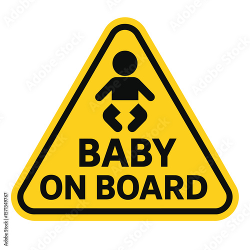 A yellow 'baby on board' sign in a triangle shape, a safety warning for drivers. Modern flat vector sticker label with icon and badge style, transparent background