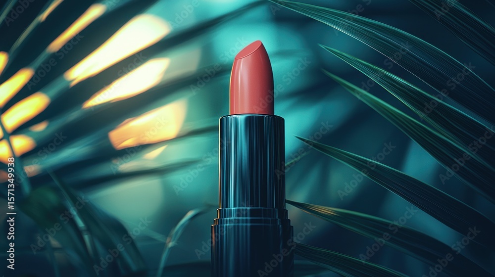 Close-up coral lipstick, dark backdrop, tropical leaves Close-up coral lipstick, dark backdrop, tropical leaves