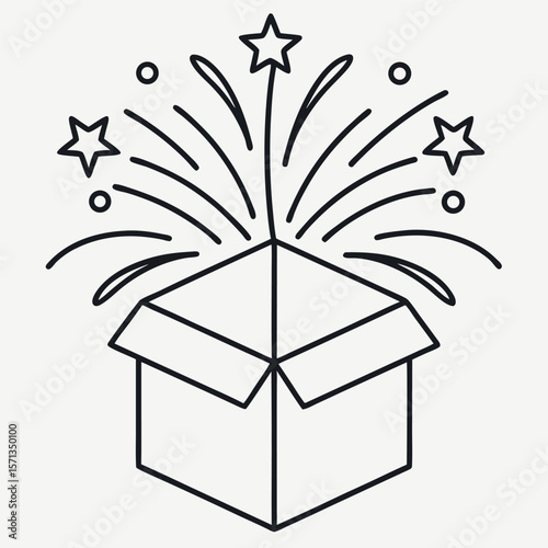 Exploding gift box with fireworks icon isolated on white background