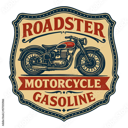 Vintage roadster motorcycle logo on a shield with gasoline details. Modern flat vector sticker label with icon and badge style, transparent background