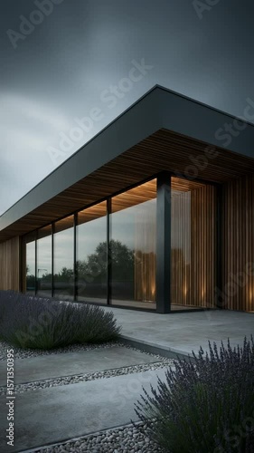 Modern architectural design of a sleek building with large windows in a serene outdoor setting during twilight hours