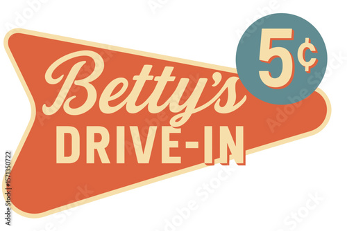 A vintage sign for Betty's Drive-In, showcasing classic diner imagery and design. Modern flat vector sticker label with icon and badge style, transparent background