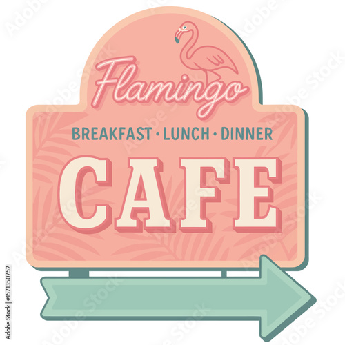 The flamingo cafe sign is a classic retro design for a restaurant. Modern flat vector sticker label with icon and badge style, transparent background