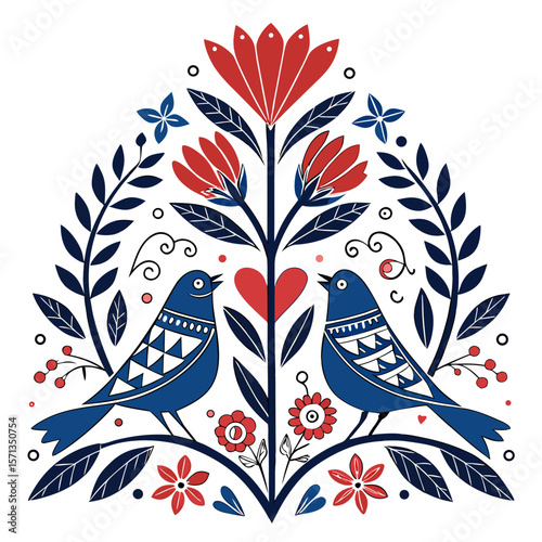 a blue and red bird and flower art
