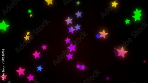 Dynamic visual experience, hypnotic array of colorful neon stars gracefully illuminate the dark sky. Seamless loop animation features vibrant glowing lights. Endless footage.