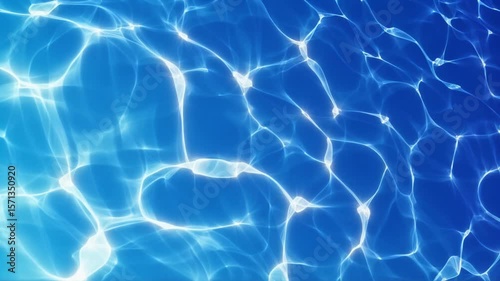 Mesmerizing dance of light shadow on surface of crystal-clear blue water, top-down view of swimming pool, showcasing dynamic ripples reflections , create pattern of stunning caustics. Loop animation.