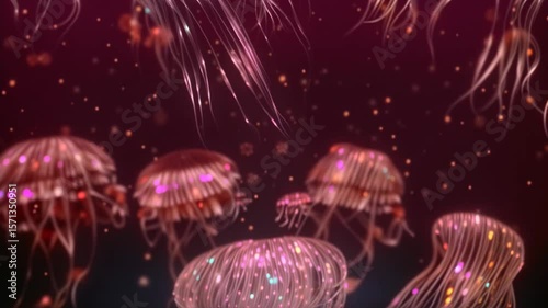 Fantasy bioluminescent jellyfish gracefully drift through dark depths. Their ethereal glow creates a serene and otherworldly atmosphere, with tentacles moving in a hypnotic dance. Loop animation.