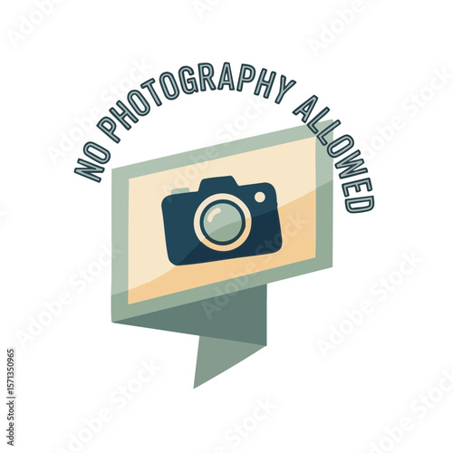 Folded Banner with Camera Symbol and Curved “No Photography Allowed” Text, Flat Vector