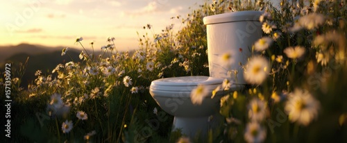 The unexpected toilet surrounded by blooming wildflowers at sunset.